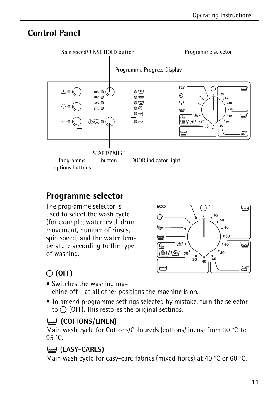 Control panel programme selector | AEG LAVAMAT 50265 User Manual | Page 11 / 52