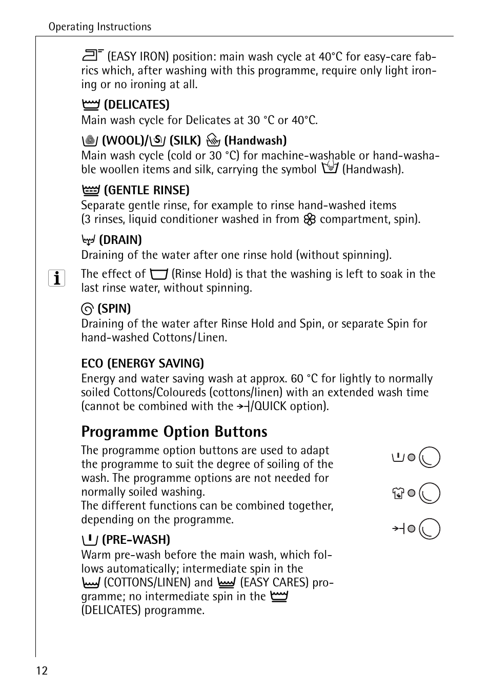 Programme option buttons | AEG LAVAMAT 50265 User Manual | Page 12 / 52