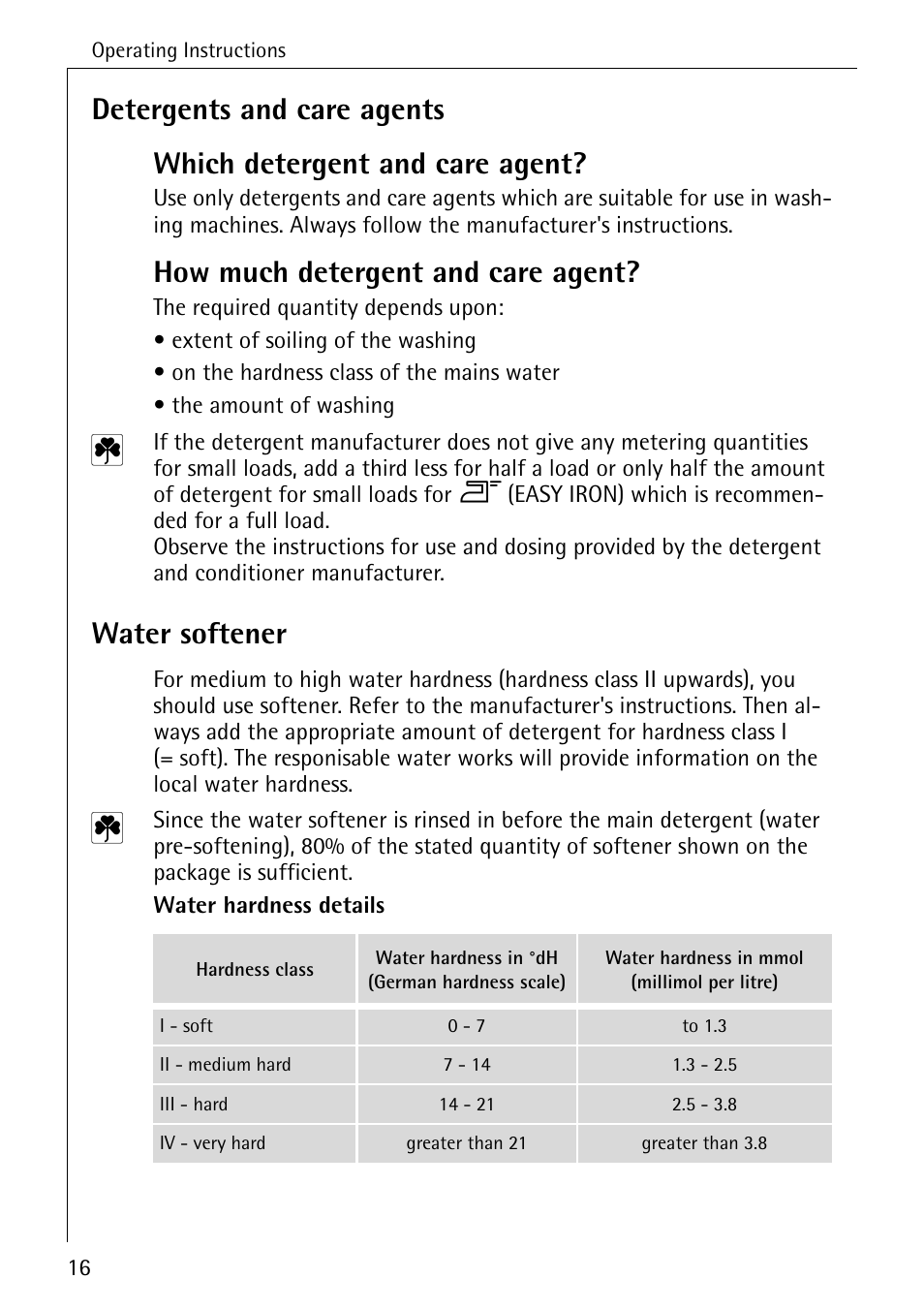 How much detergent and care agent, Water softener | AEG LAVAMAT 50265 User Manual | Page 16 / 52