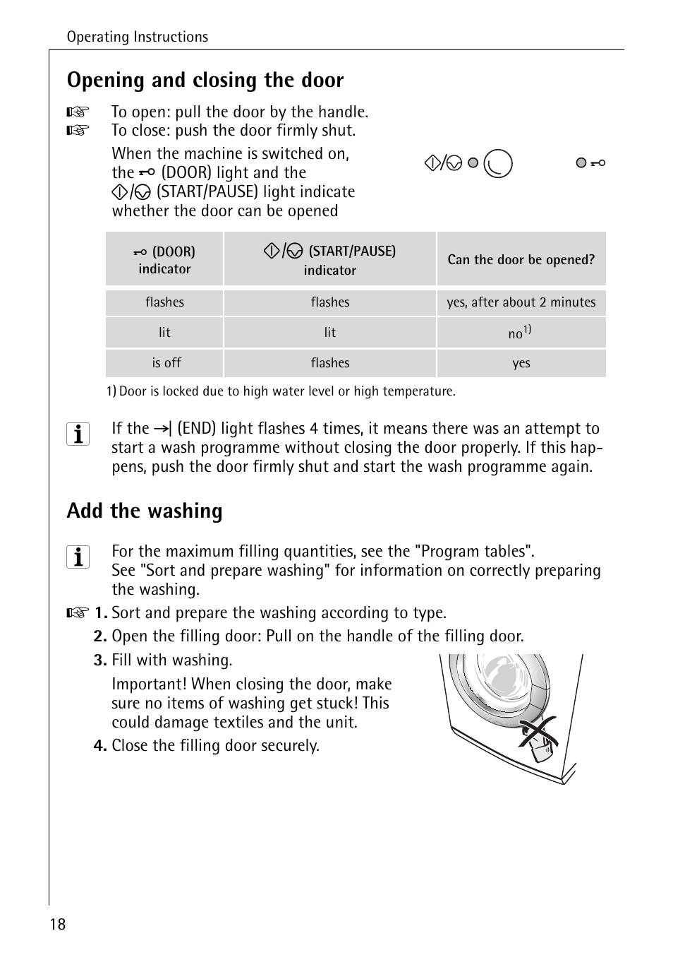Opening and closing the door, Add the washing | AEG LAVAMAT 50265 User Manual | Page 18 / 52