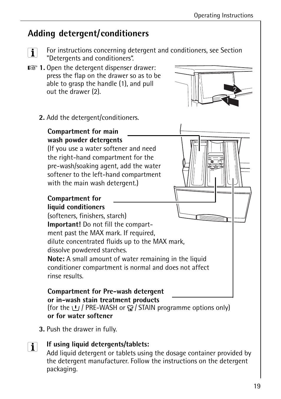 Adding detergent/conditioners | AEG LAVAMAT 50265 User Manual | Page 19 / 52