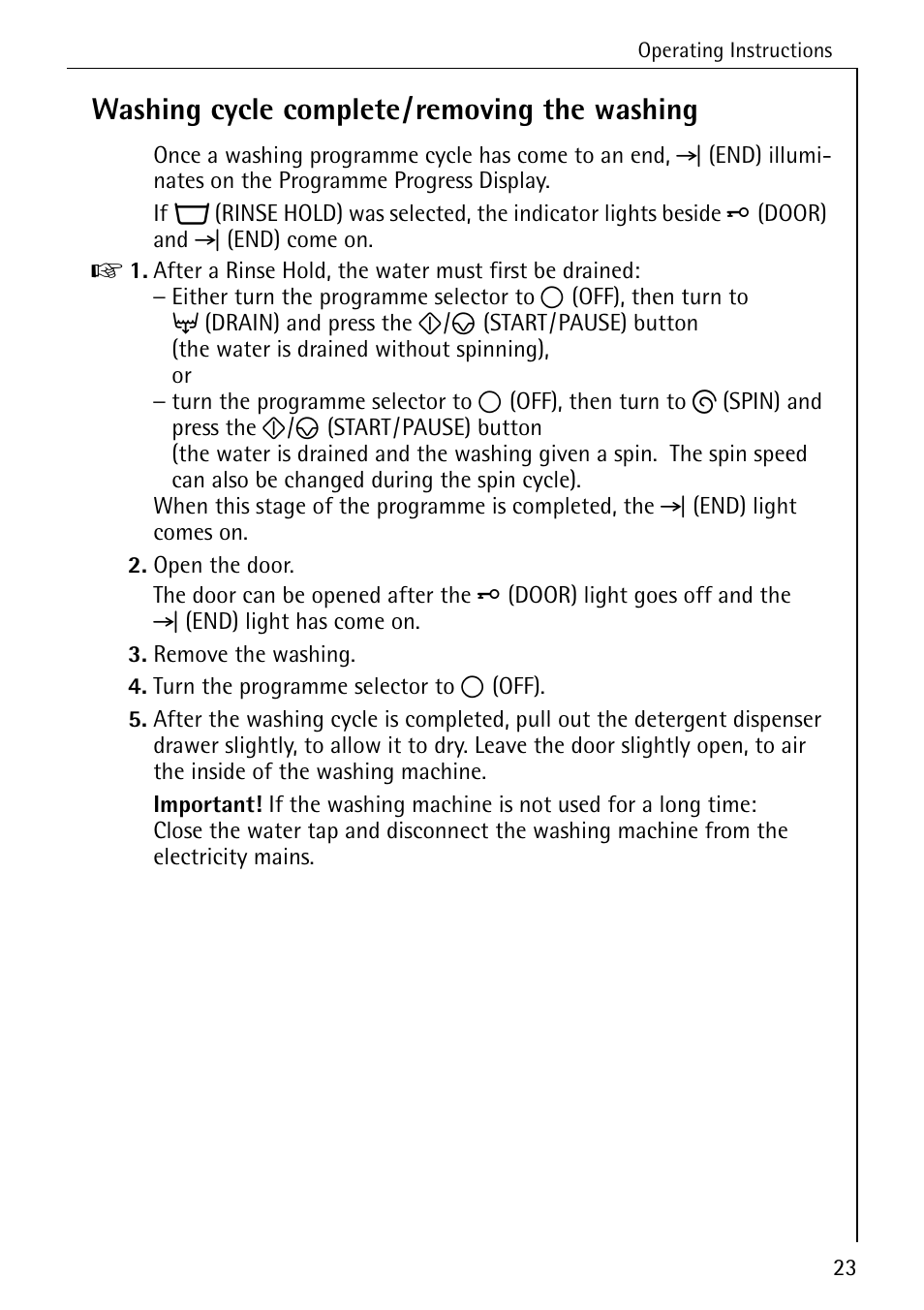 Washing cycle complete/removing the washing | AEG LAVAMAT 50265 User Manual | Page 23 / 52