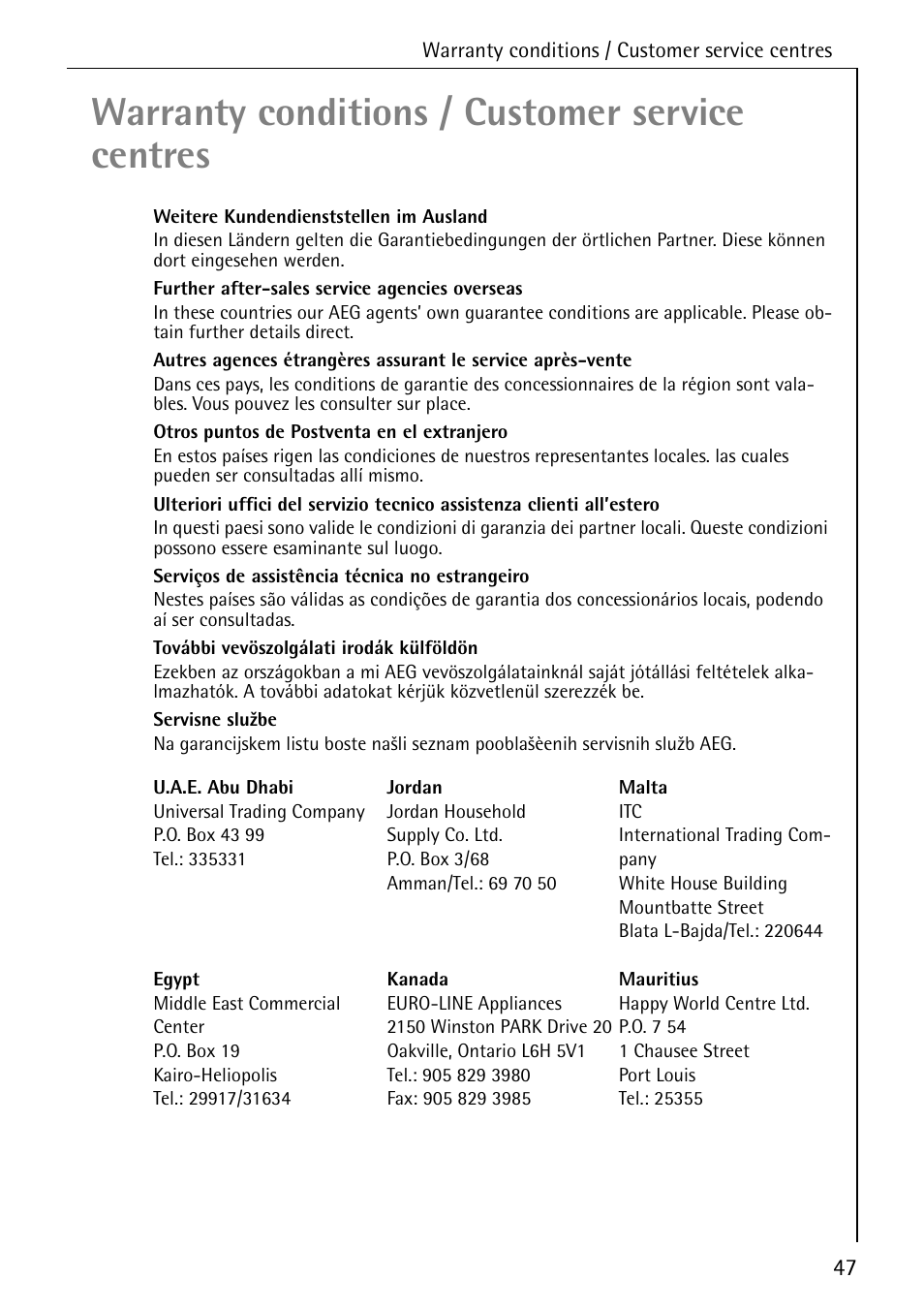 Warranty conditions / customer service centres | AEG LAVAMAT 50265 User Manual | Page 47 / 52