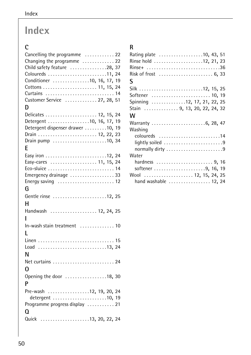 Index | AEG LAVAMAT 50265 User Manual | Page 50 / 52