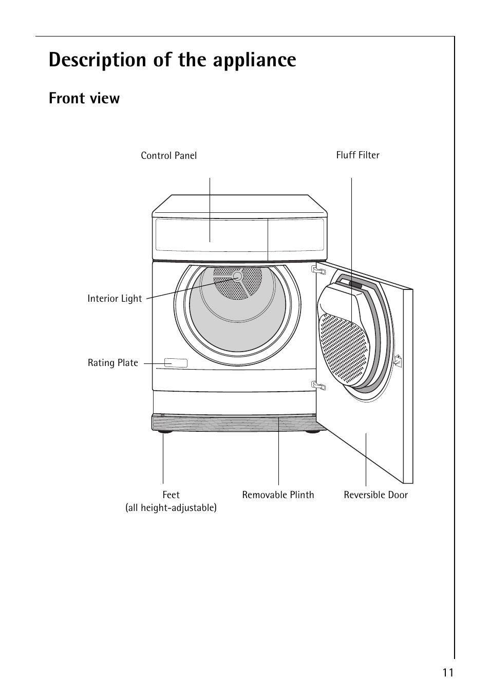 Description of the appliance, Front view | AEG LAVATHERM 37320 User Manual | Page 11 / 36
