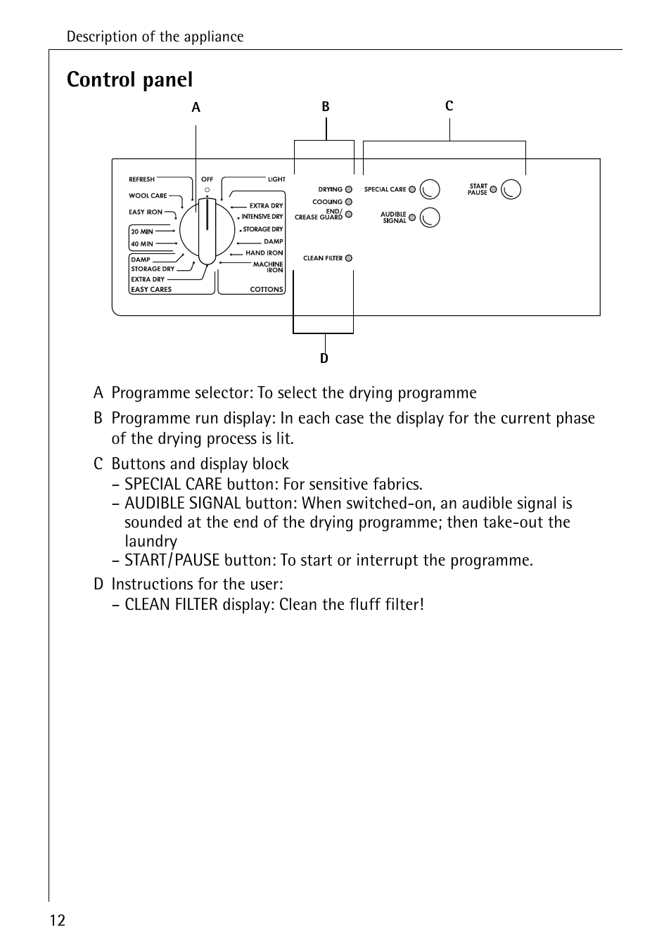 Control panel | AEG LAVATHERM 37320 User Manual | Page 12 / 36