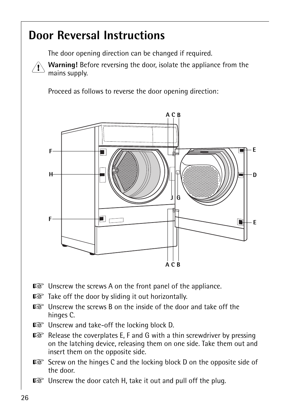 Door reversal instructions | AEG LAVATHERM 37320 User Manual | Page 26 / 36