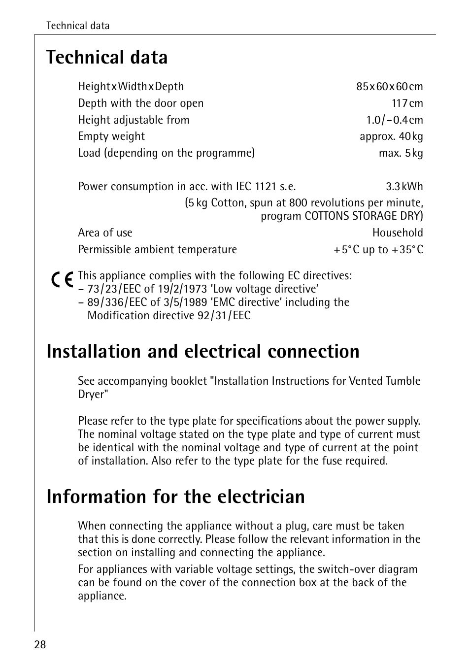 Technical data, Installation and electrical connection, Information for the electrician | AEG LAVATHERM 37320 User Manual | Page 28 / 36