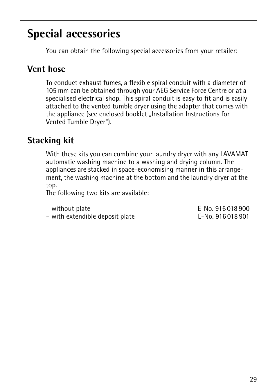 Special accessories, Vent hose, Stacking kit | AEG LAVATHERM 37320 User Manual | Page 29 / 36