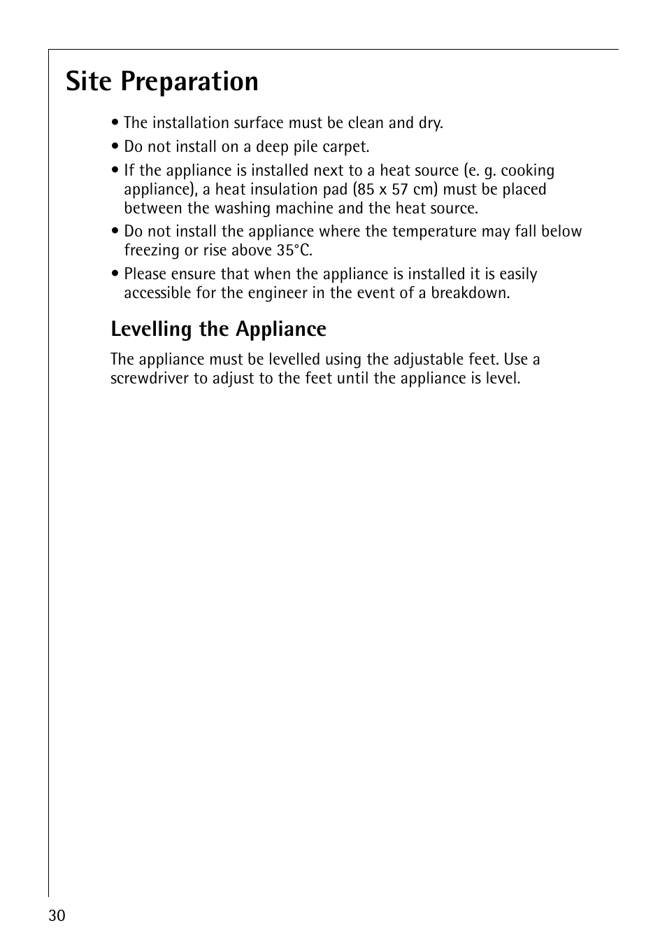 Site preparation, Levelling the appliance | AEG LAVATHERM 37320 User Manual | Page 30 / 36