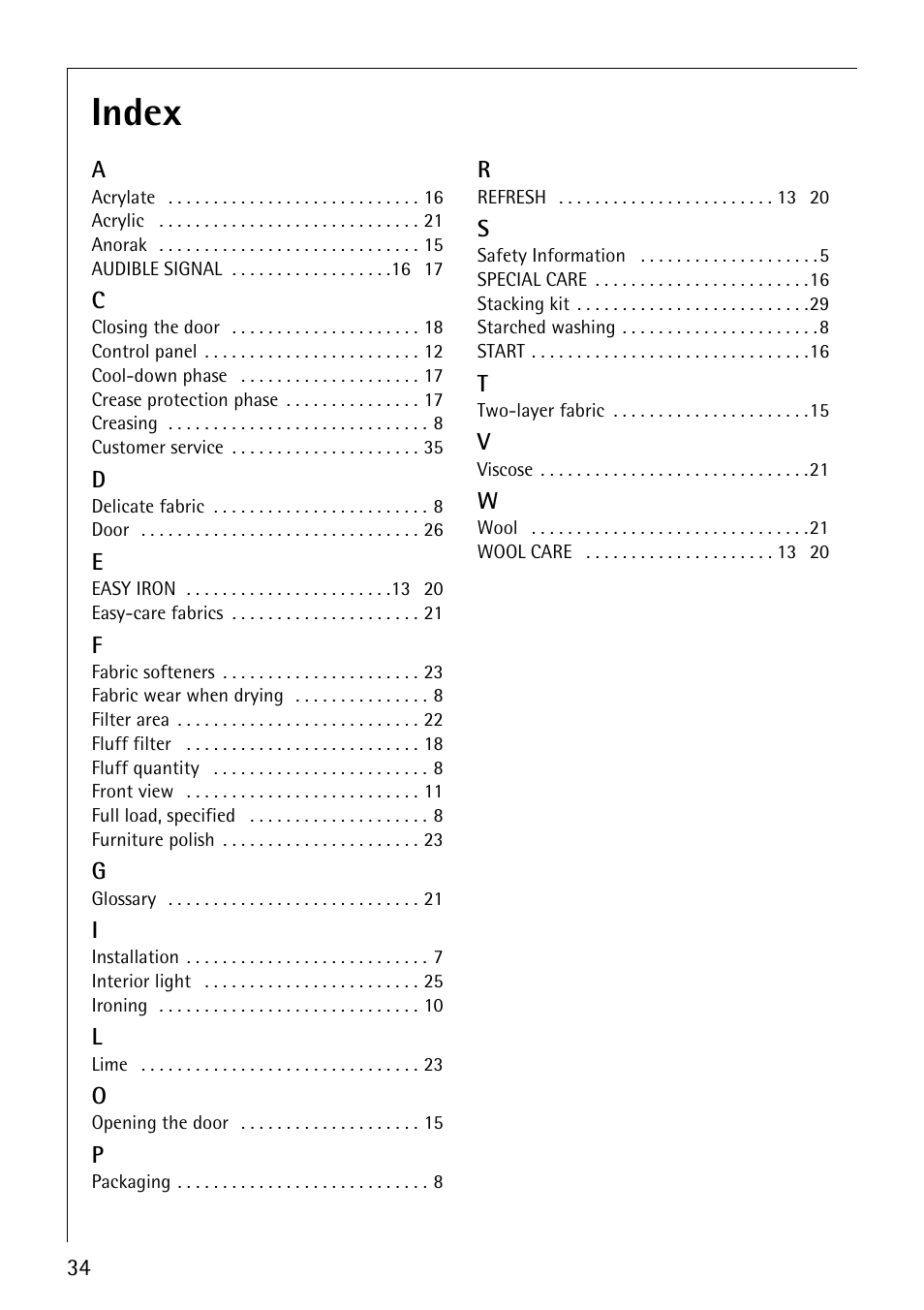 Index | AEG LAVATHERM 37320 User Manual | Page 34 / 36