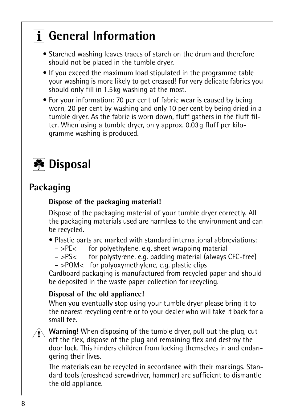 3 general information, 2 disposal, Packaging | AEG LAVATHERM 37320 User Manual | Page 8 / 36