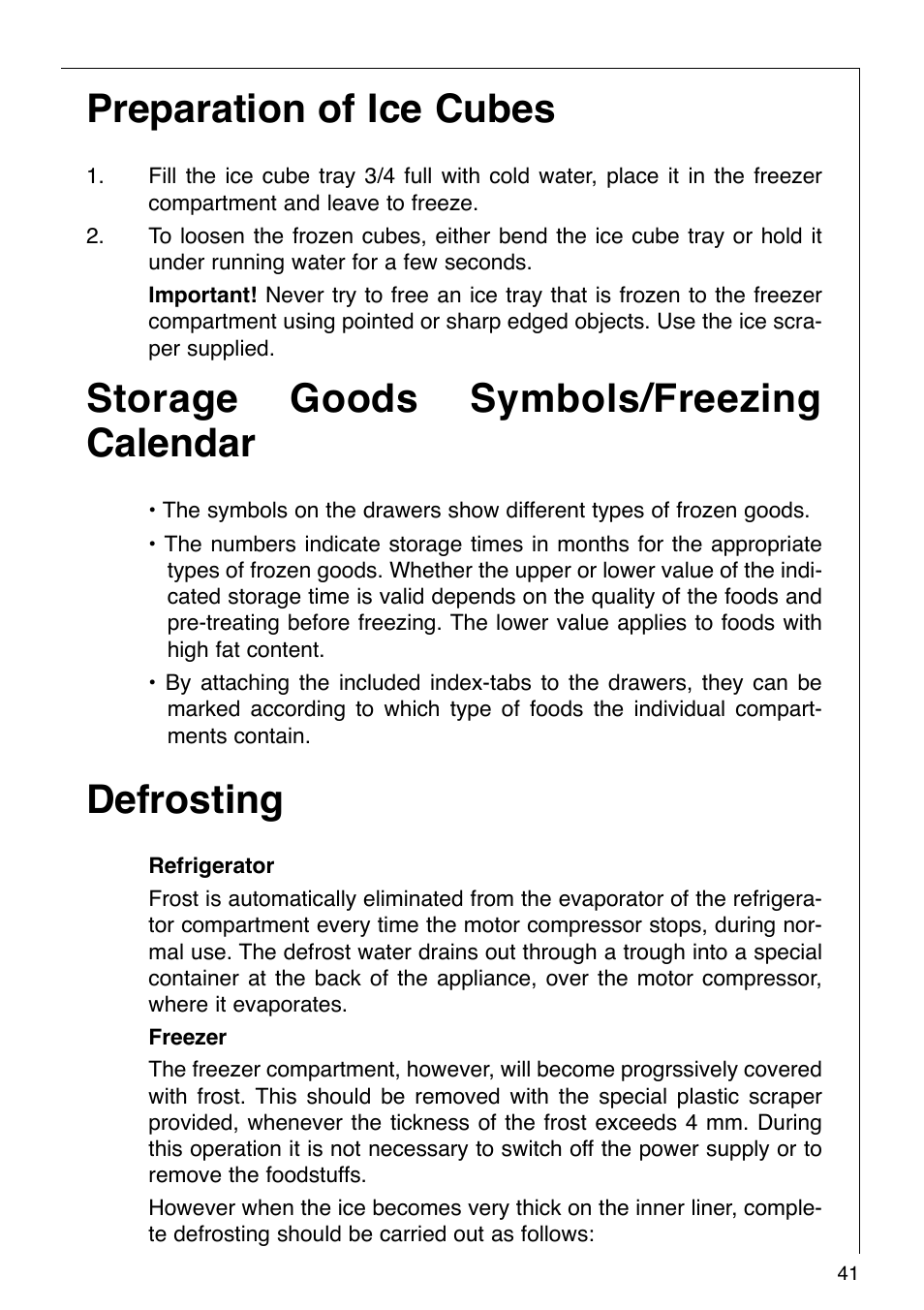 Preparation of ice cubes, Storage goods symbols/freezing calendar, Defrosting | AEG KO SANTO 290-6I User Manual | Page 18 / 25