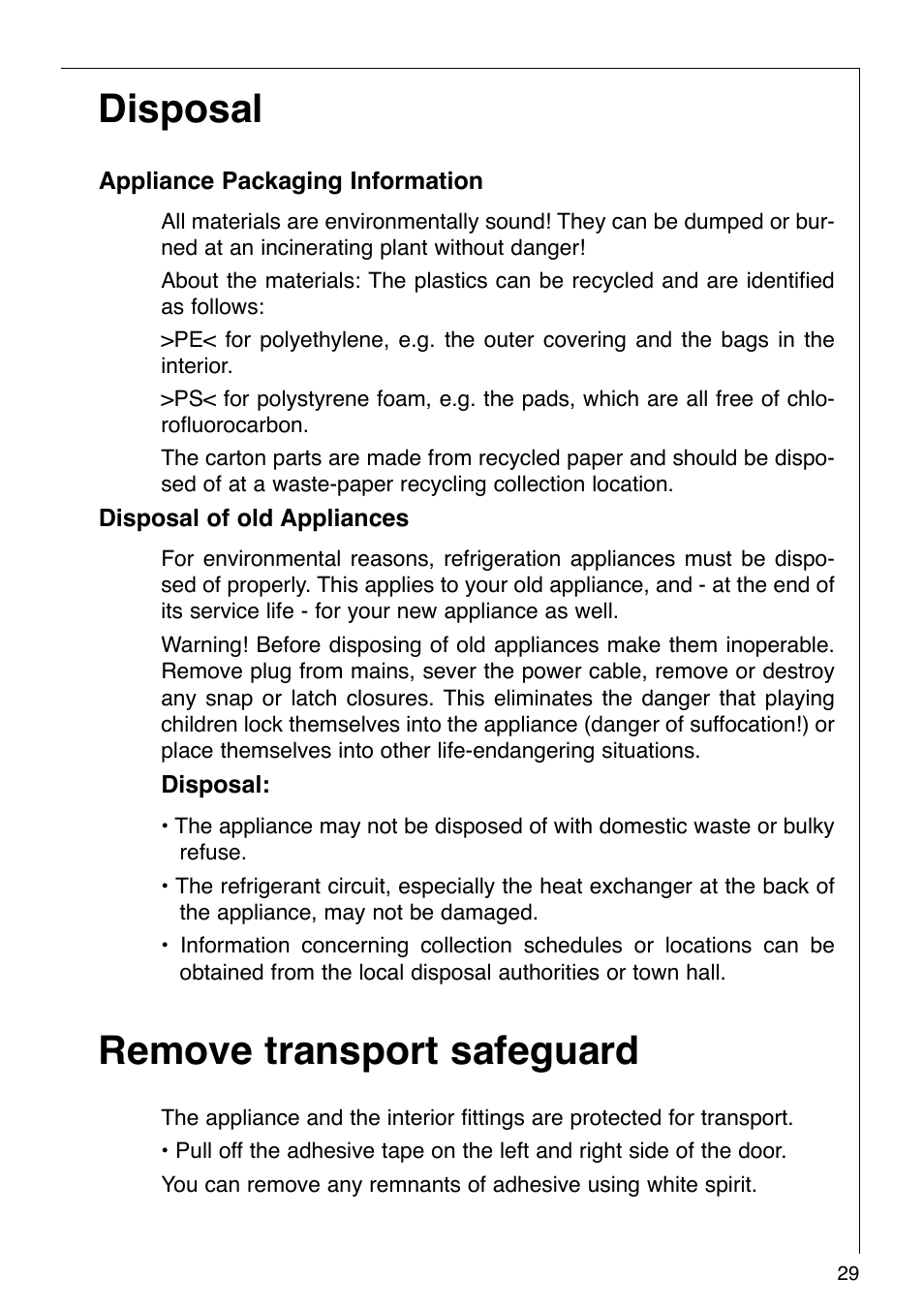 Disposal, Remove transport safeguard | AEG KO SANTO 290-6I User Manual | Page 6 / 25