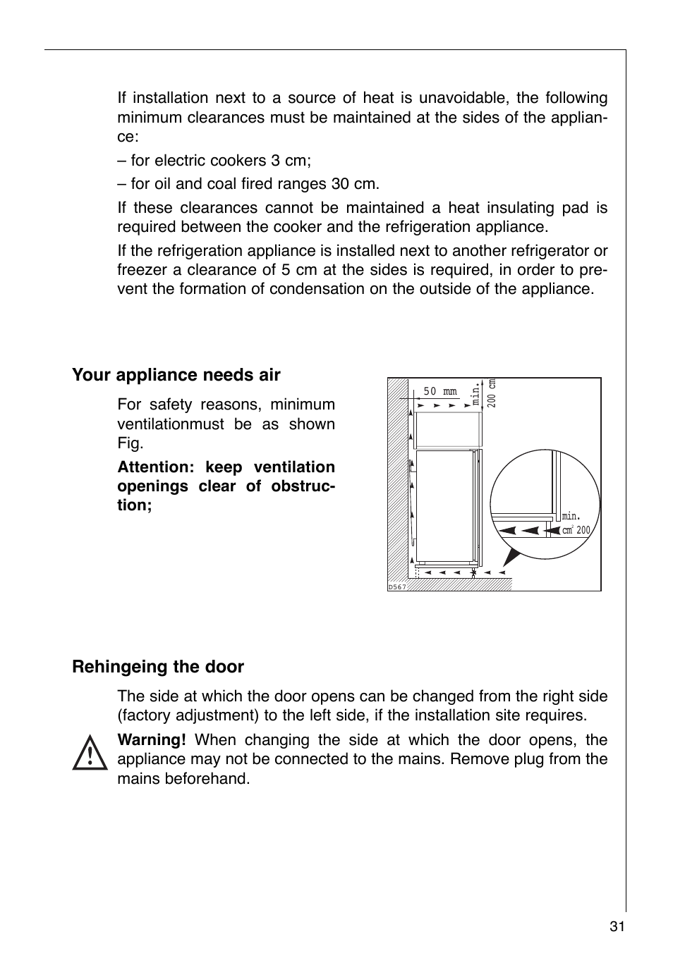Your appliance needs air, Rehingeing the door | AEG KO SANTO 290-6I User Manual | Page 8 / 25