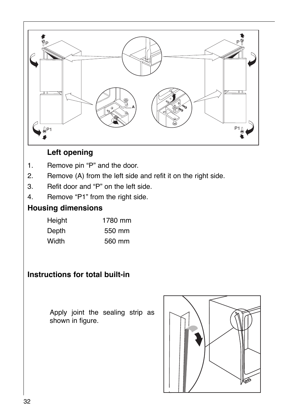 Left opening, Housing dimensions, Instructions for total built-in | AEG KO SANTO 290-6I User Manual | Page 9 / 25