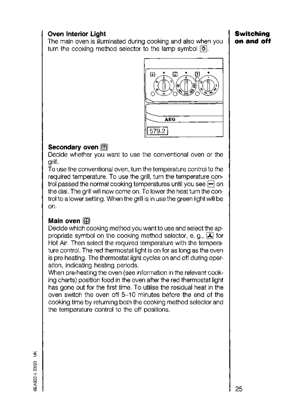 Oven interior light switching, Secondary oven, Main oven q | AEG 5210 V User Manual | Page 25 / 46