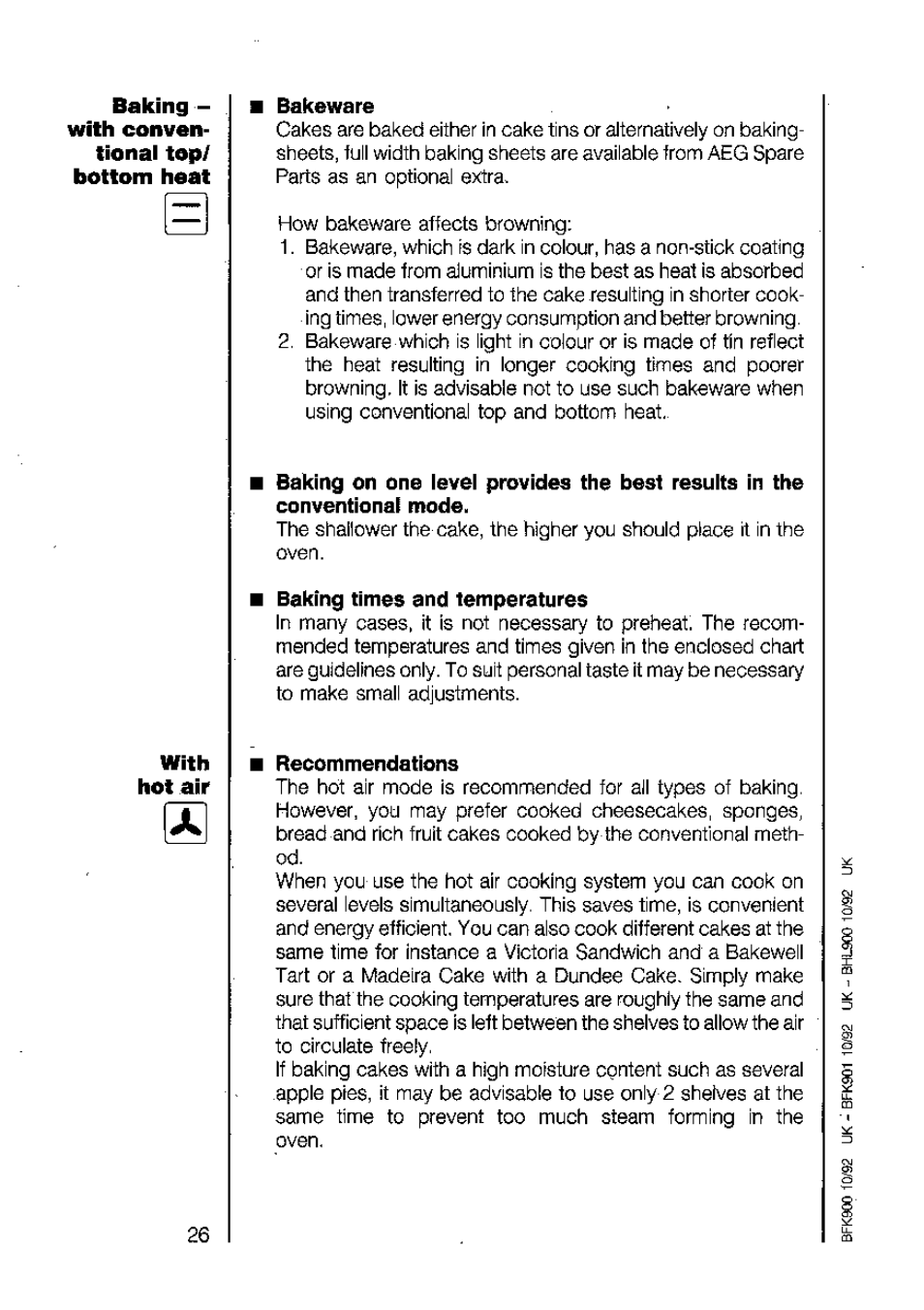 Bakeware, Baking times and temperatures, Recommendations | AEG 5210 V User Manual | Page 26 / 46