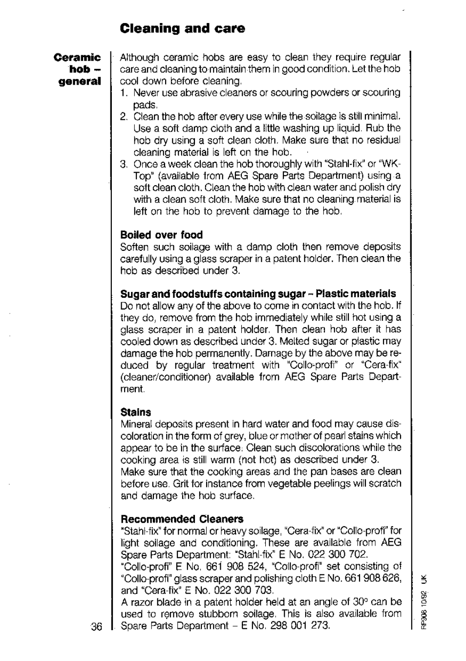 Cleaning and care, Boiled over food, Stains | Recommended cleaners | AEG 5210 V User Manual | Page 36 / 46