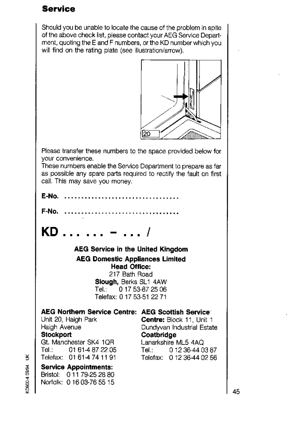 Service, E-no, F-no | Aeg northern service centre | AEG 5210 V User Manual | Page 45 / 46