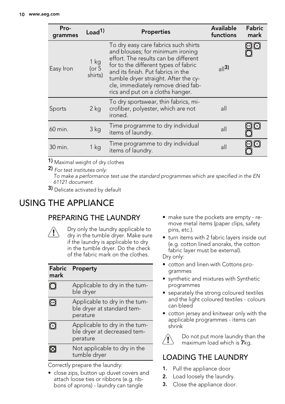 Using the appliance, Preparing the laundry, Loading the laundry | AEG LAVATHERM 65270AC EN User Manual | Page 10 / 24