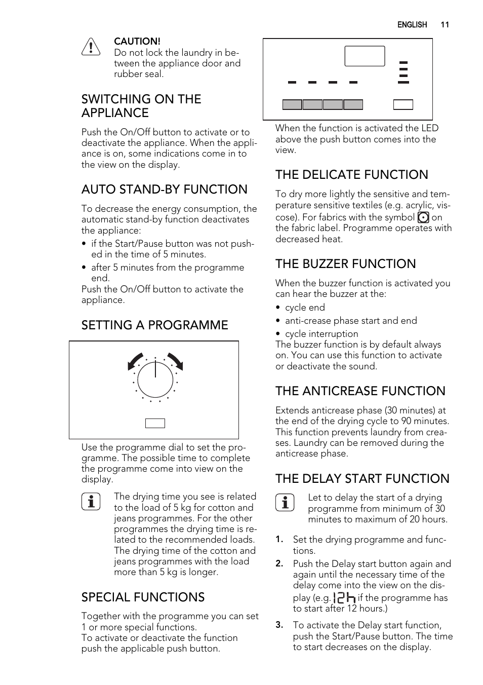 Switching on the appliance, Auto stand-by function, Setting a programme | Special functions, The delicate function, The buzzer function, The anticrease function, The delay start function | AEG LAVATHERM 65270AC EN User Manual | Page 11 / 24