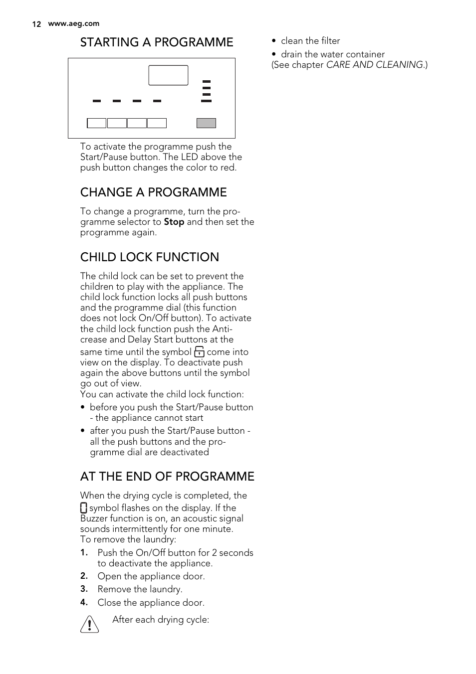 Starting a programme, Change a programme, Child lock function | At the end of programme | AEG LAVATHERM 65270AC EN User Manual | Page 12 / 24