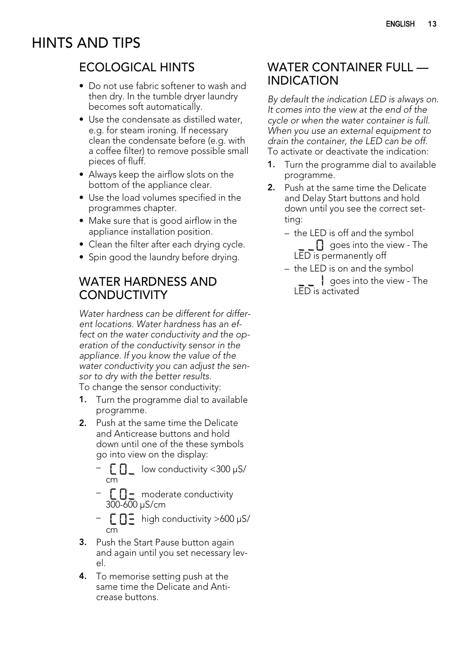 Hints and tips, Ecological hints, Water hardness and conductivity | Water container full — indication | AEG LAVATHERM 65270AC EN User Manual | Page 13 / 24