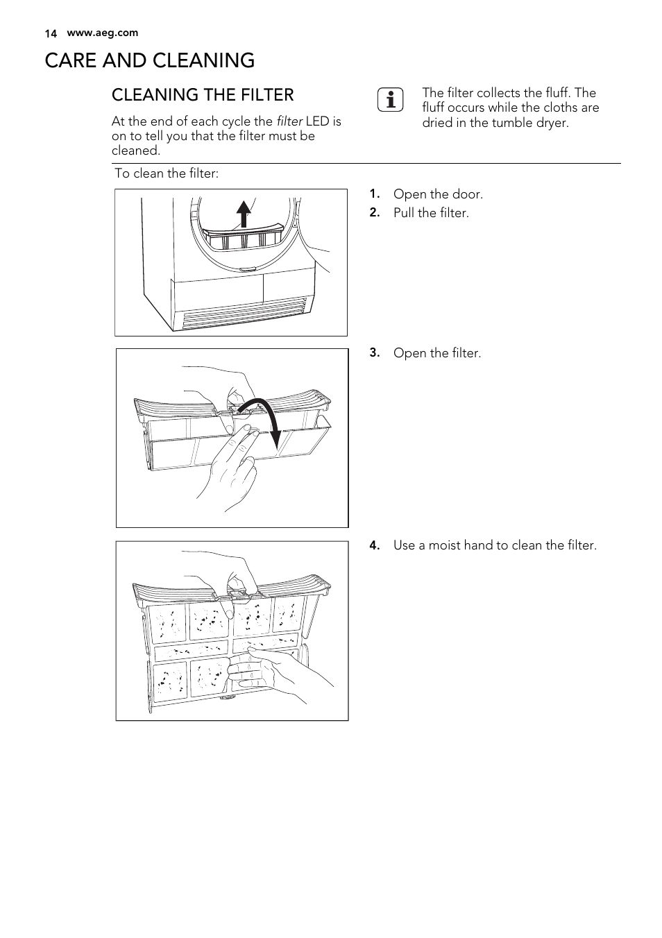Care and cleaning, Cleaning the filter | AEG LAVATHERM 65270AC EN User Manual | Page 14 / 24