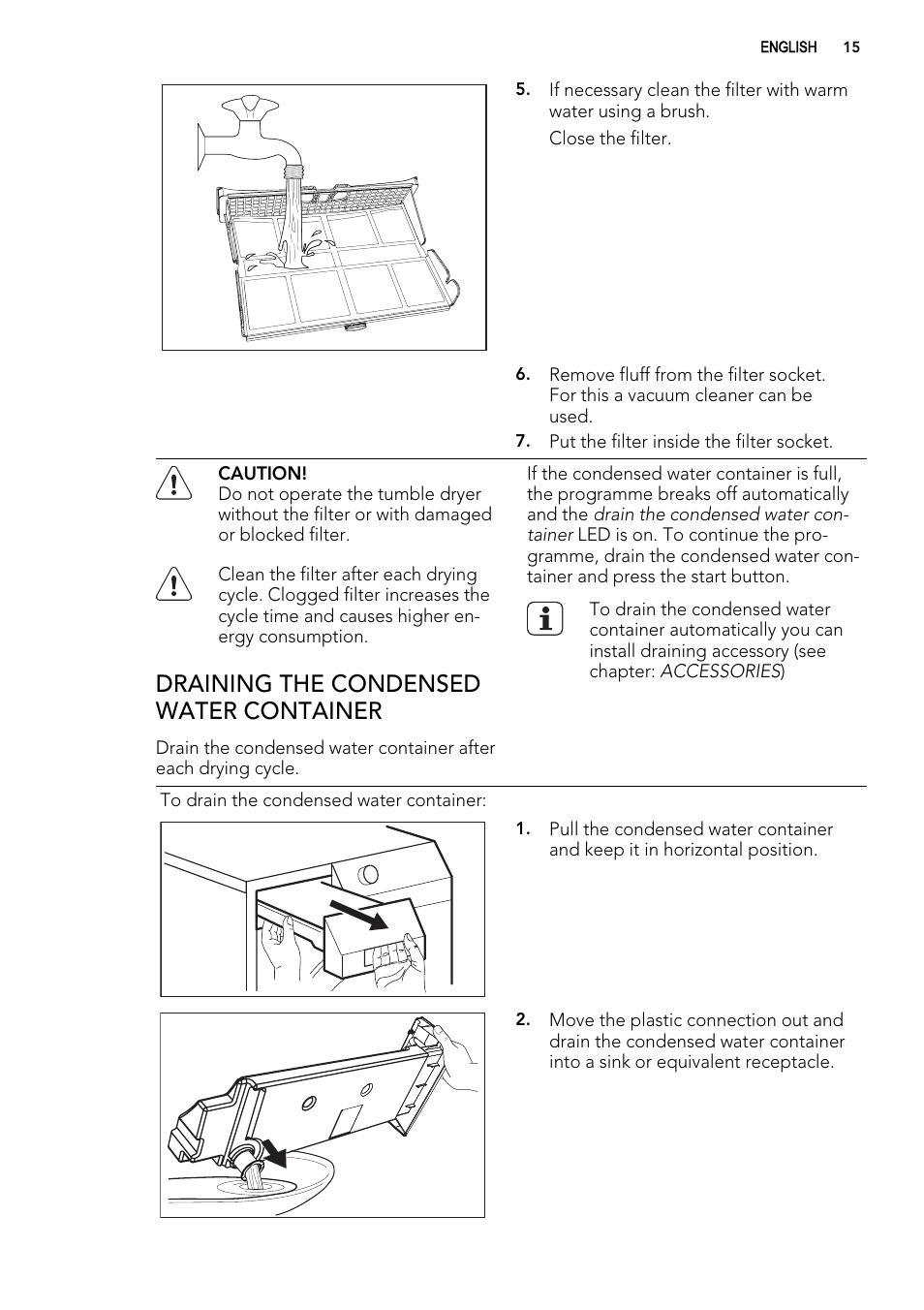 Draining the condensed water container | AEG LAVATHERM 65270AC EN User Manual | Page 15 / 24