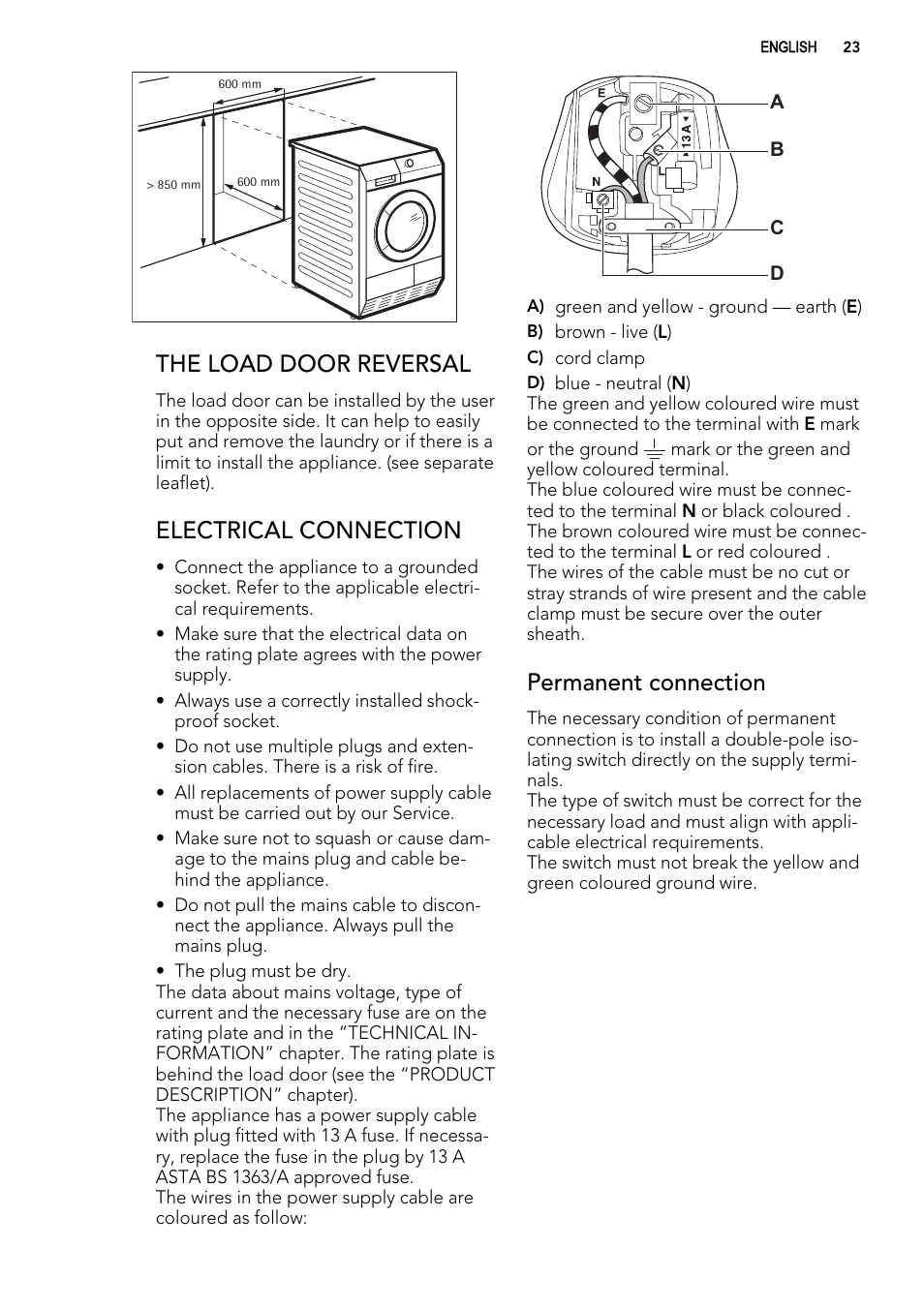 The load door reversal, Electrical connection, Permanent connection | AEG LAVATHERM 65270AC EN User Manual | Page 23 / 24