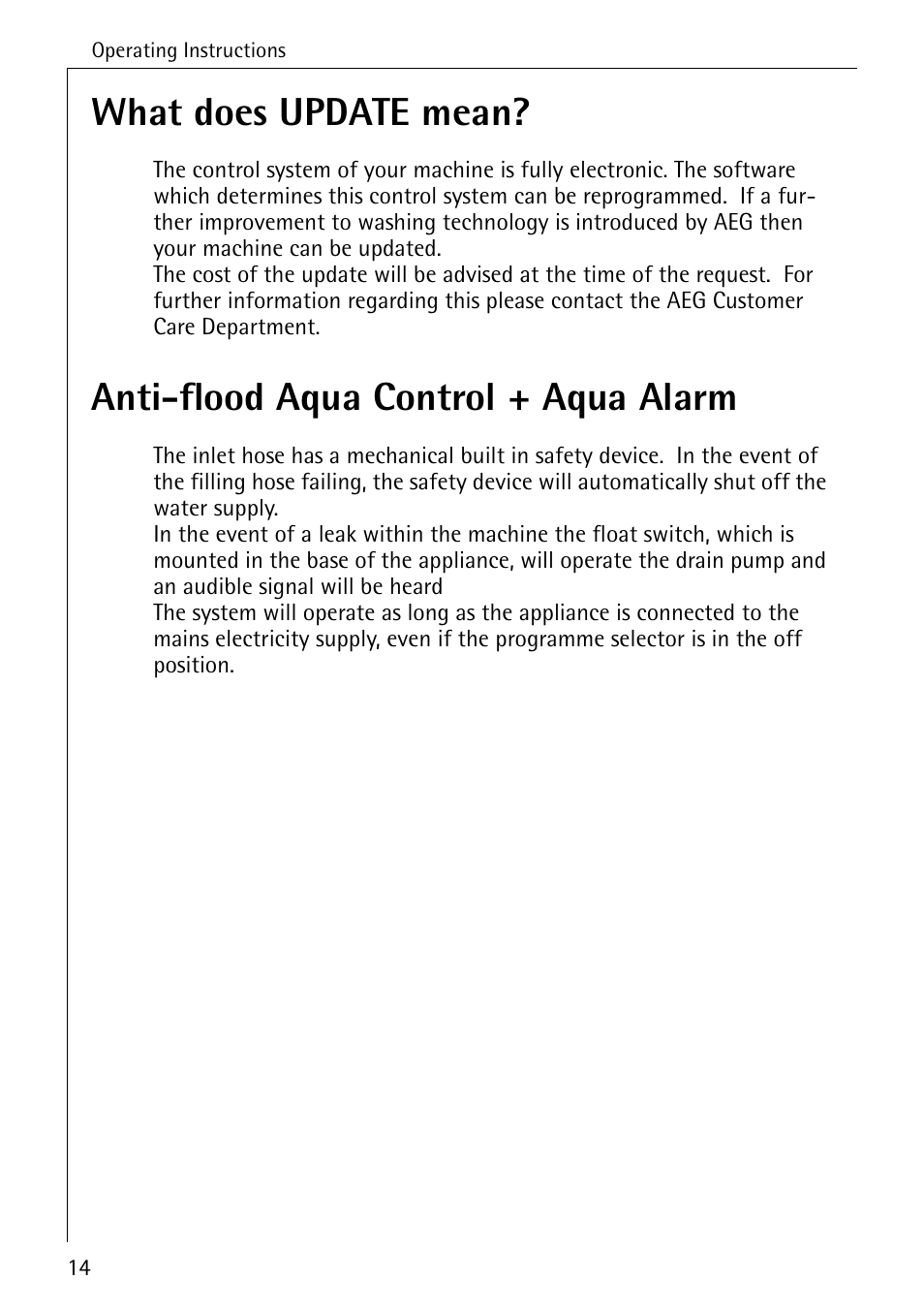 What does update mean, Anti-flood aqua control + aqua alarm | AEG LAVAMAT 88730 User Manual | Page 14 / 56