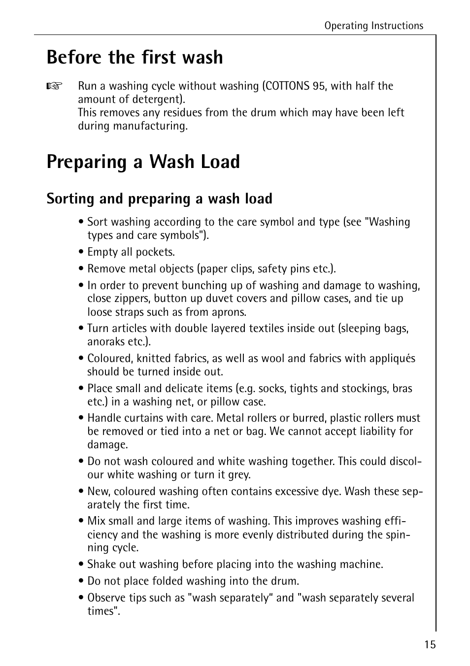 Before the first wash, Preparing a wash load, Sorting and preparing a wash load | AEG LAVAMAT 88730 User Manual | Page 15 / 56