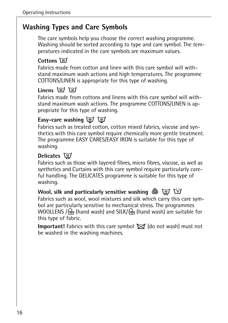 Washing types and care symbols | AEG LAVAMAT 88730 User Manual | Page 16 / 56