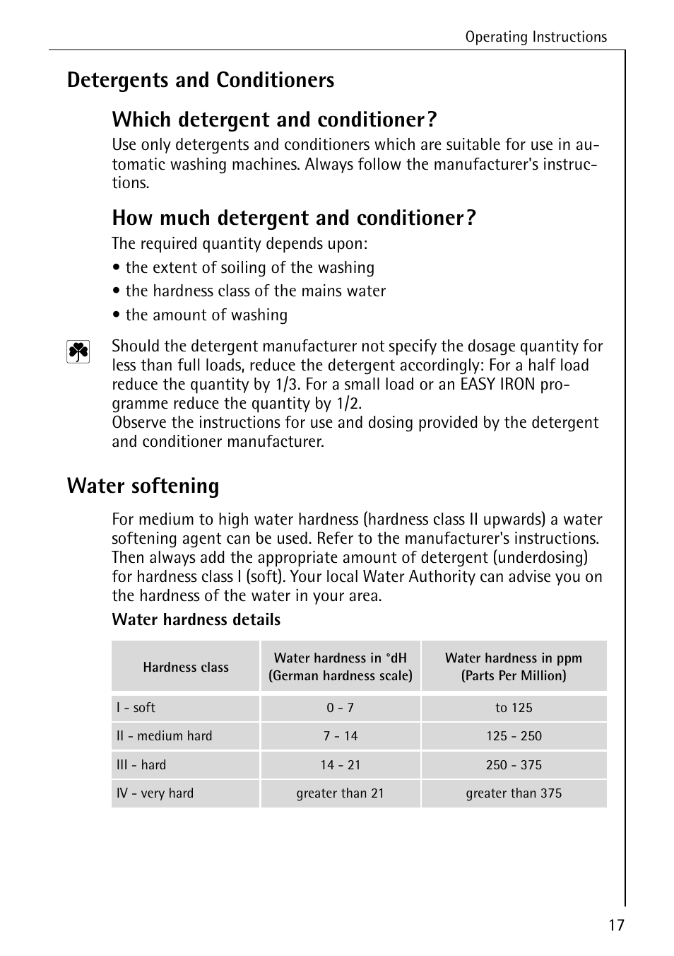 How much detergent and conditioner, Water softening | AEG LAVAMAT 88730 User Manual | Page 17 / 56