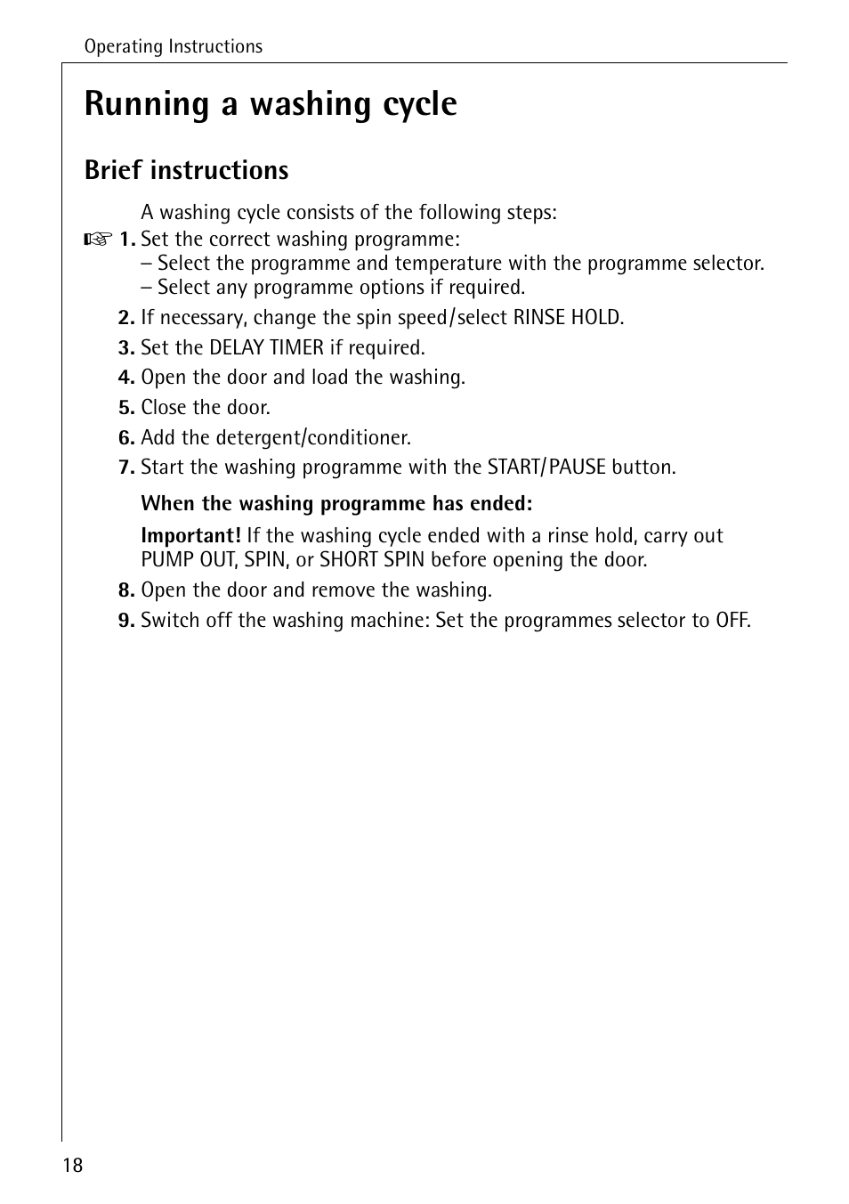 Running a washing cycle, Brief instructions | AEG LAVAMAT 88730 User Manual | Page 18 / 56