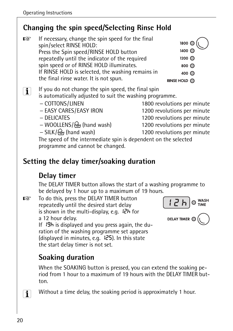 Changing the spin speed/selecting rinse hold, Soaking duration | AEG LAVAMAT 88730 User Manual | Page 20 / 56