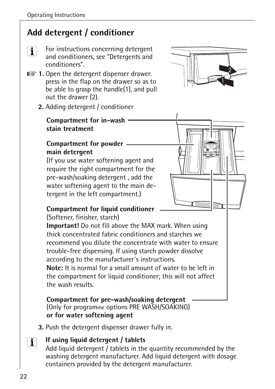 Add detergent / conditioner | AEG LAVAMAT 88730 User Manual | Page 22 / 56