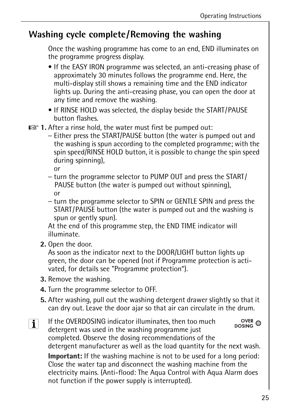 Washing cycle complete/removing the washing | AEG LAVAMAT 88730 User Manual | Page 25 / 56
