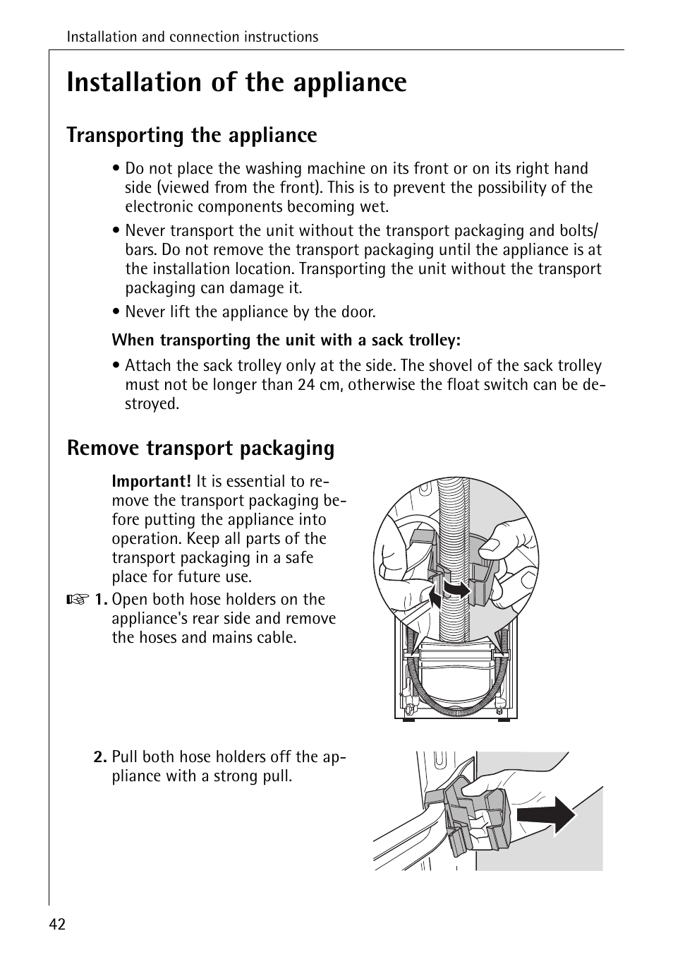 Installation of the appliance, Transporting the appliance, Remove transport packaging | AEG LAVAMAT 88730 User Manual | Page 42 / 56