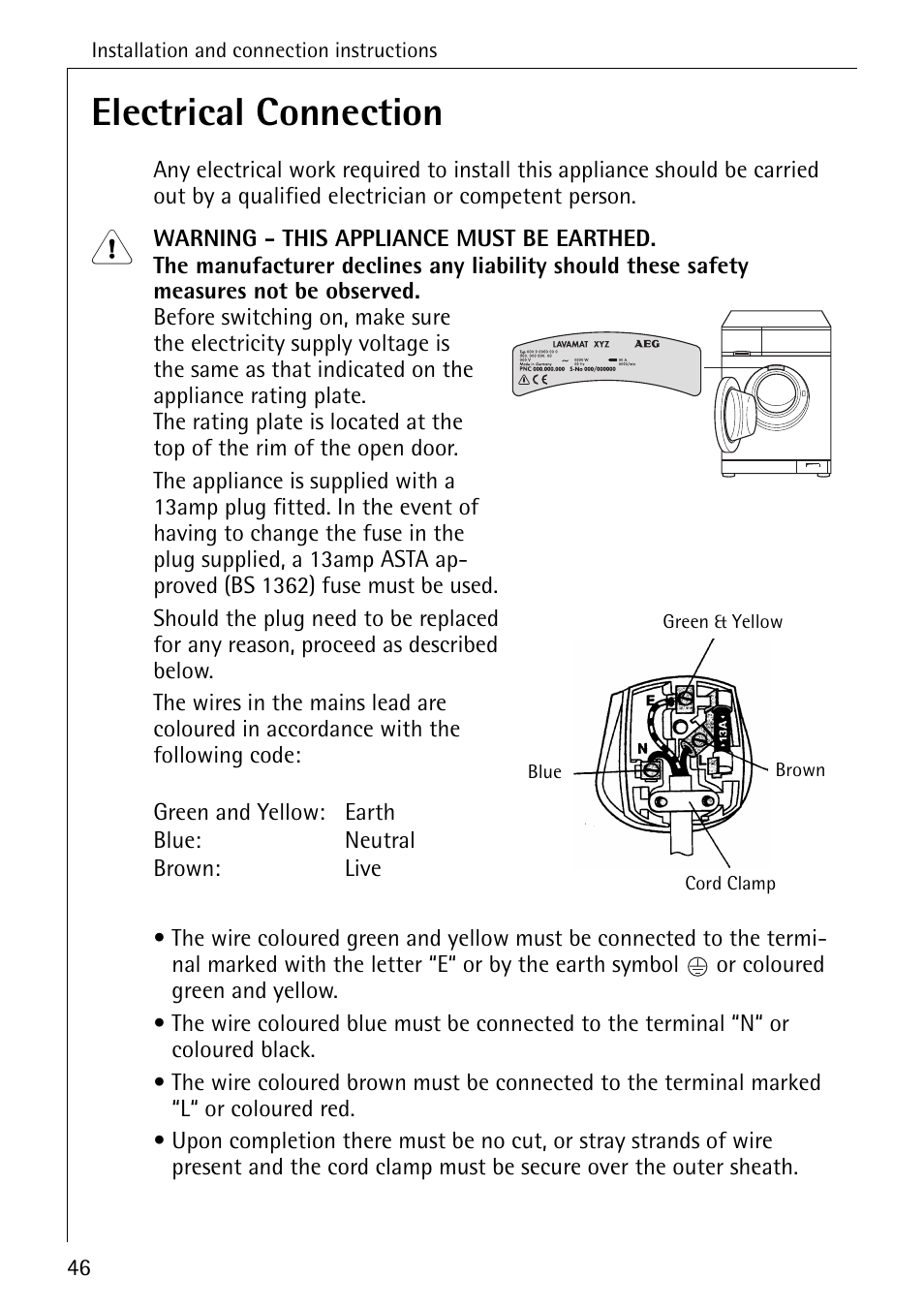 Electrical connection | AEG LAVAMAT 88730 User Manual | Page 46 / 56