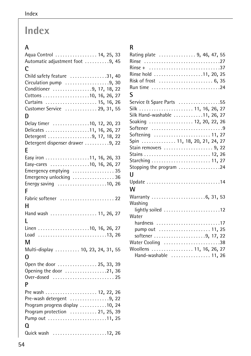 Index | AEG LAVAMAT 88730 User Manual | Page 54 / 56