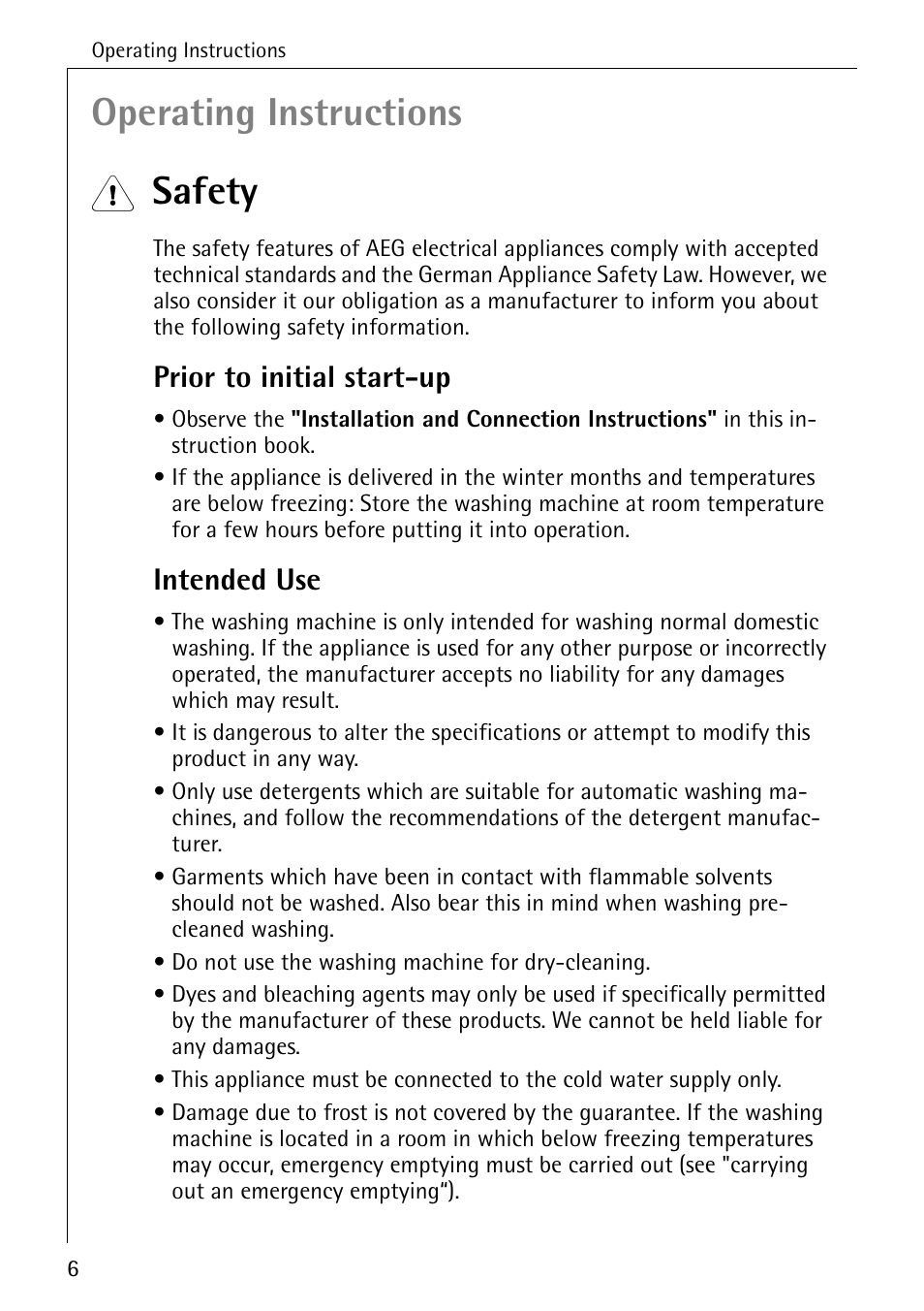 Operating instructions, Safety, Prior to initial start-up | Intended use | AEG LAVAMAT 88730 User Manual | Page 6 / 56