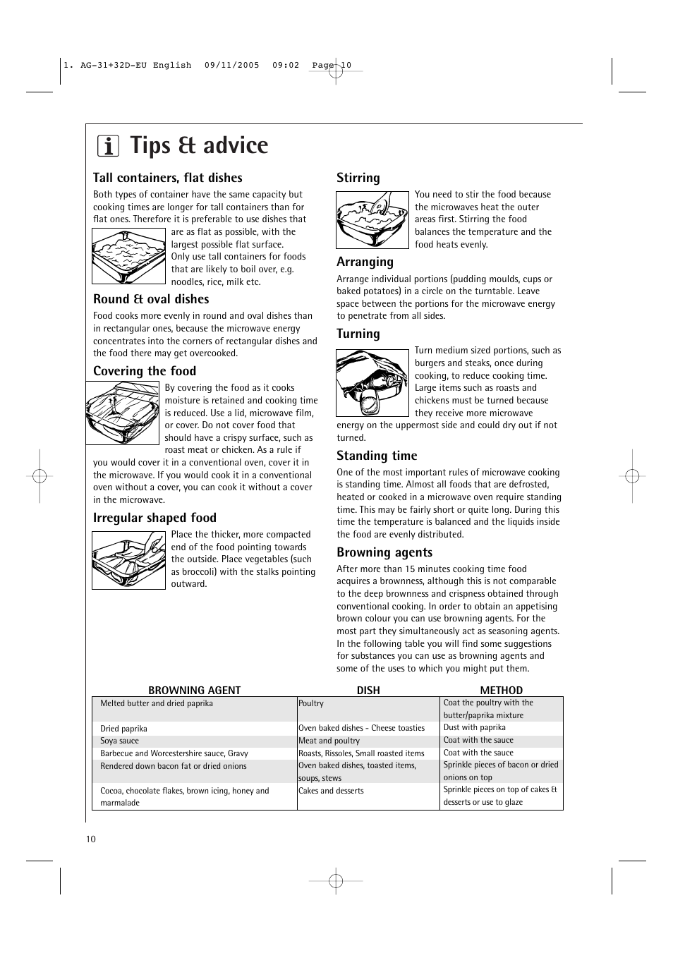 Tips & advice, Tall containers, flat dishes, Round & oval dishes | Covering the food, Irregular shaped food, Stirring, Arranging, Turning, Standing time, Browning agents | AEG MC2660E User Manual | Page 12 / 37