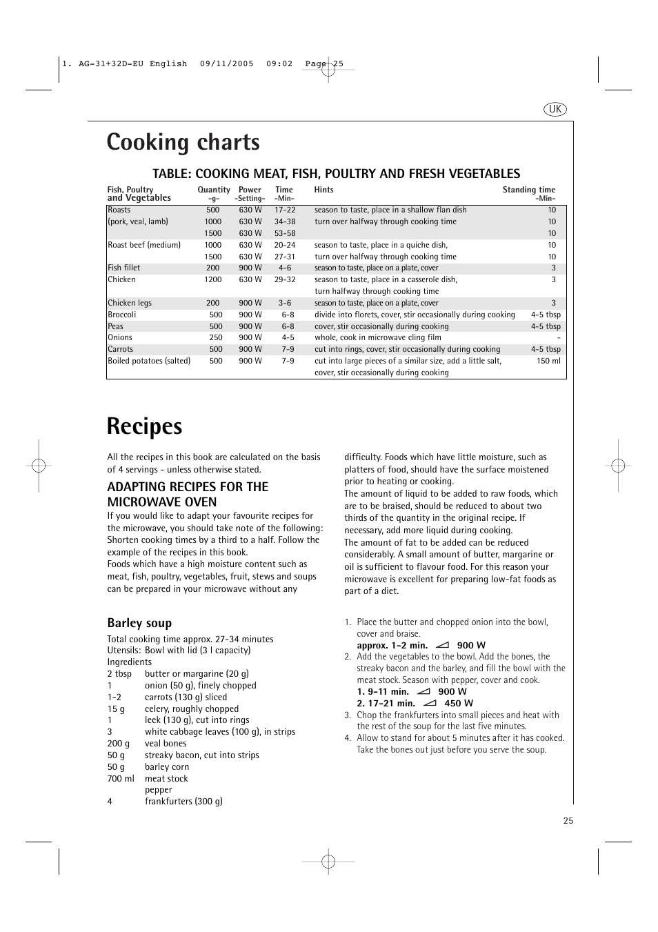 Cooking charts, Recipes, Adapting recipes for the microwave oven | Barley soup | AEG MC2660E User Manual | Page 27 / 37