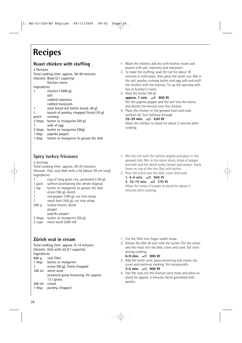 Recipes, Spicy turkey fricassee, Zürich veal in cream | Roast chicken with stuffing | AEG MC2660E User Manual | Page 28 / 37