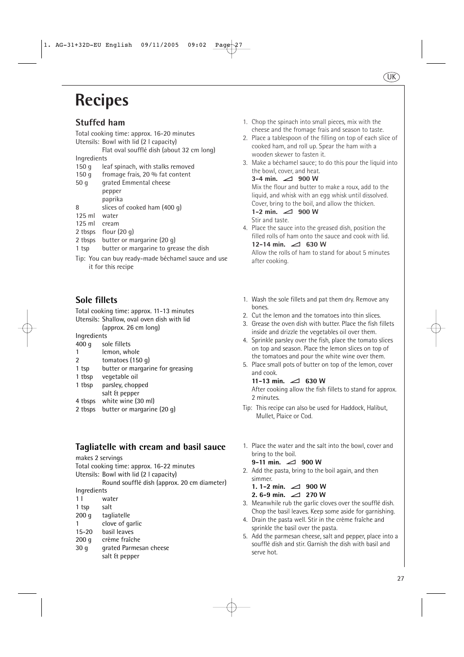 Recipes, Stuffed ham, Sole fillets | Tagliatelle with cream and basil sauce | AEG MC2660E User Manual | Page 29 / 37