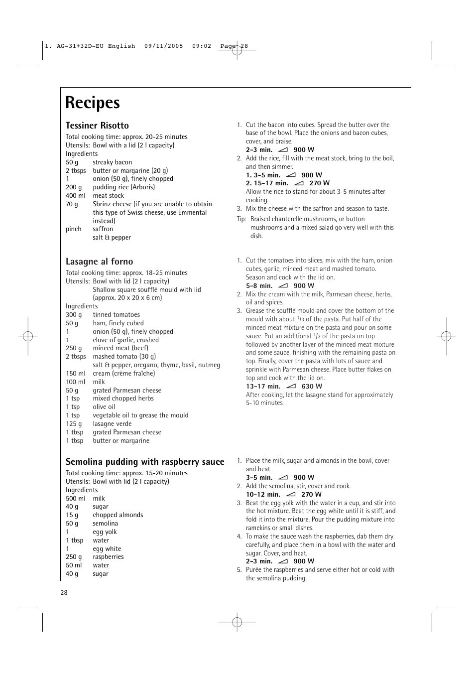 Recipes, Lasagne al forno, Tessiner risotto | Semolina pudding with raspberry sauce | AEG MC2660E User Manual | Page 30 / 37