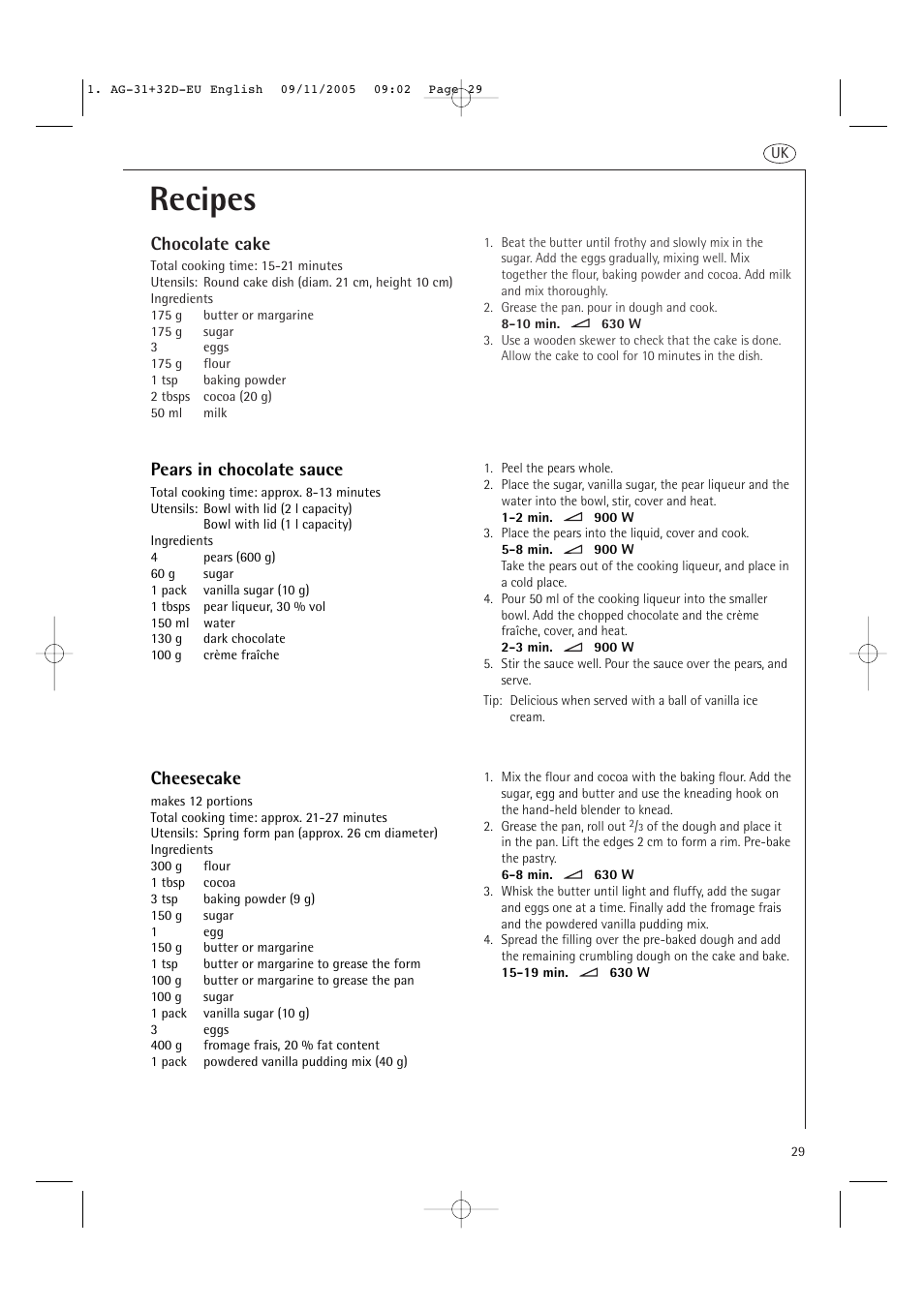 Recipes, Chocolate cake, Pears in chocolate sauce | Cheesecake | AEG MC2660E User Manual | Page 31 / 37