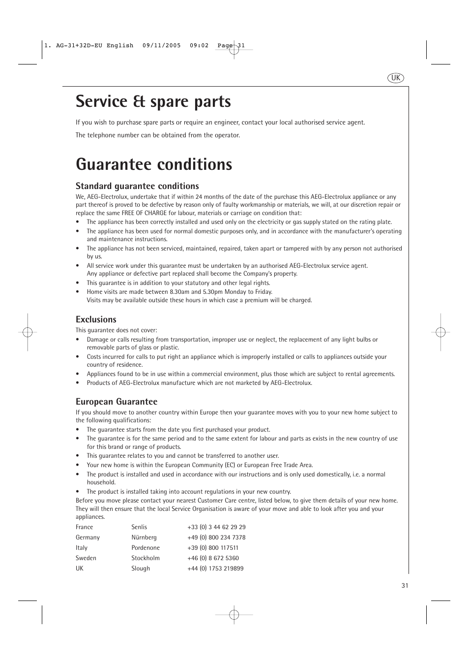 Service & spare parts guarantee conditions, Standard guarantee conditions, Exclusions | European guarantee | AEG MC2660E User Manual | Page 33 / 37